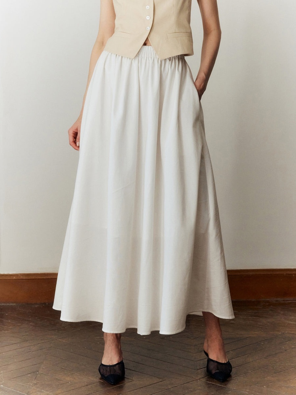 Nwt Commense Linen Cotton Maxi Skirt Elastic Waist White